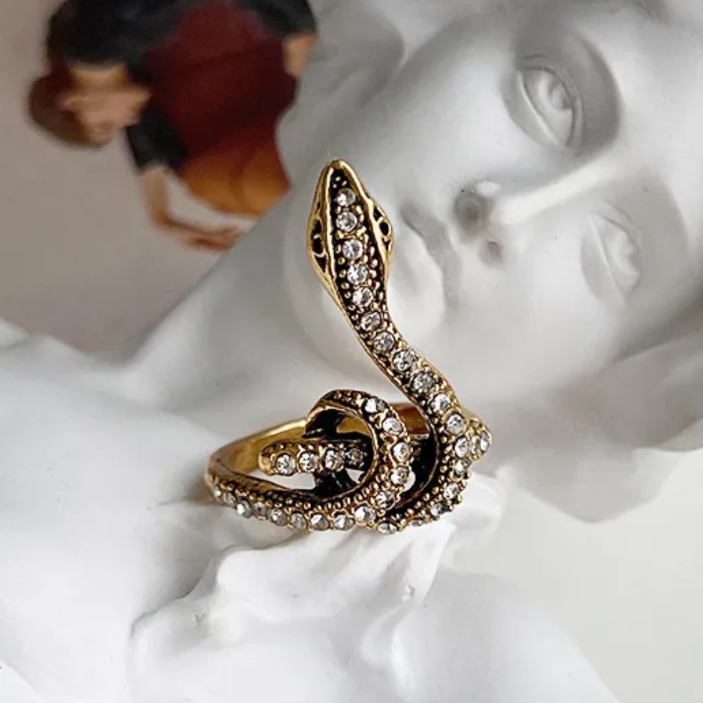 Intricate Coiled Snake Serpent Ancient Gold & Cz Diamonds Streetwear Ring New